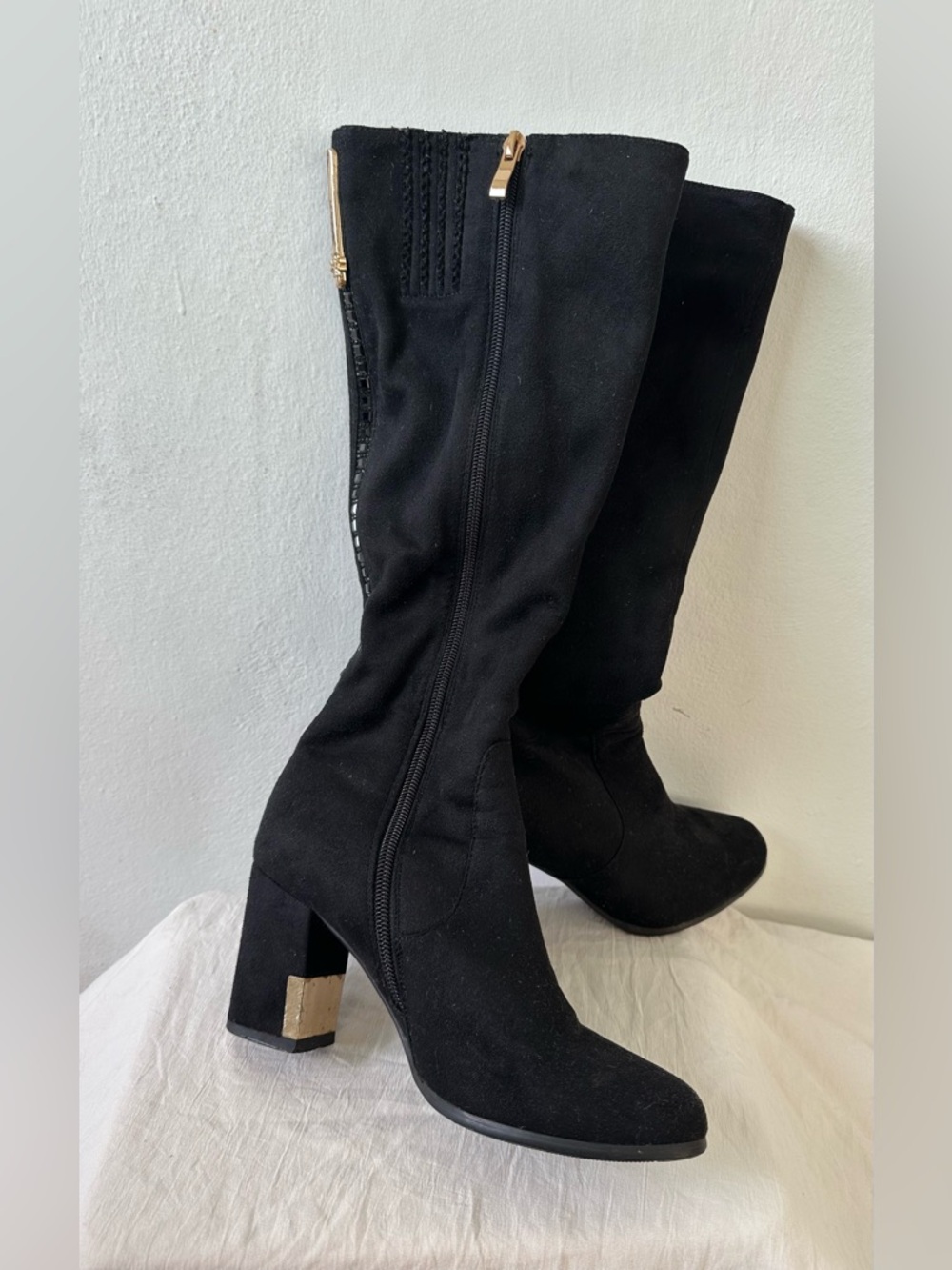 Quique Classic Black & Gold details Knee-High Block Heel Boots Size 36